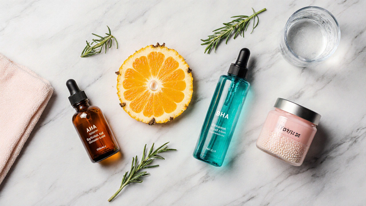 Čtyři typy peelingů – AHA, BHA, enzymatický a fyzikální – uspořádané na kamenném povrchu.