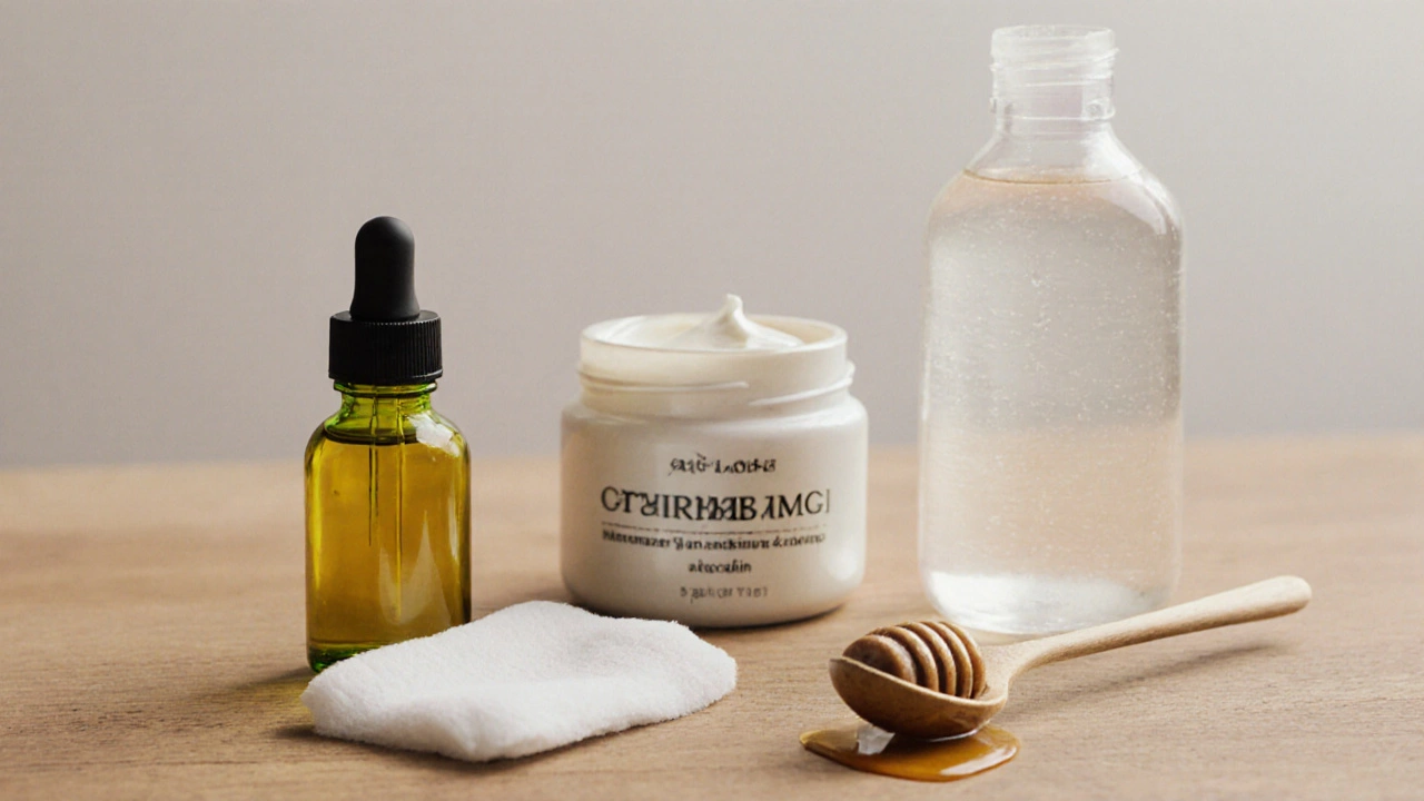 Denní péče o suchou pleť: olej, krém, tonik a domácí maska na dřevěné podložce.