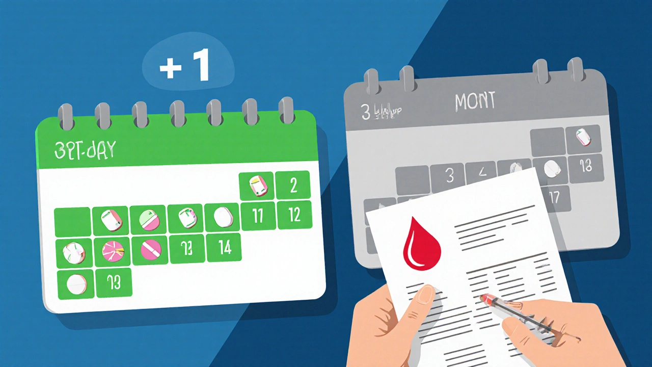 Grafické znázornění cyklu 3+1: tři měsíce doplňků, jeden měsíc pauzy, osoba kontroluje krevní test.