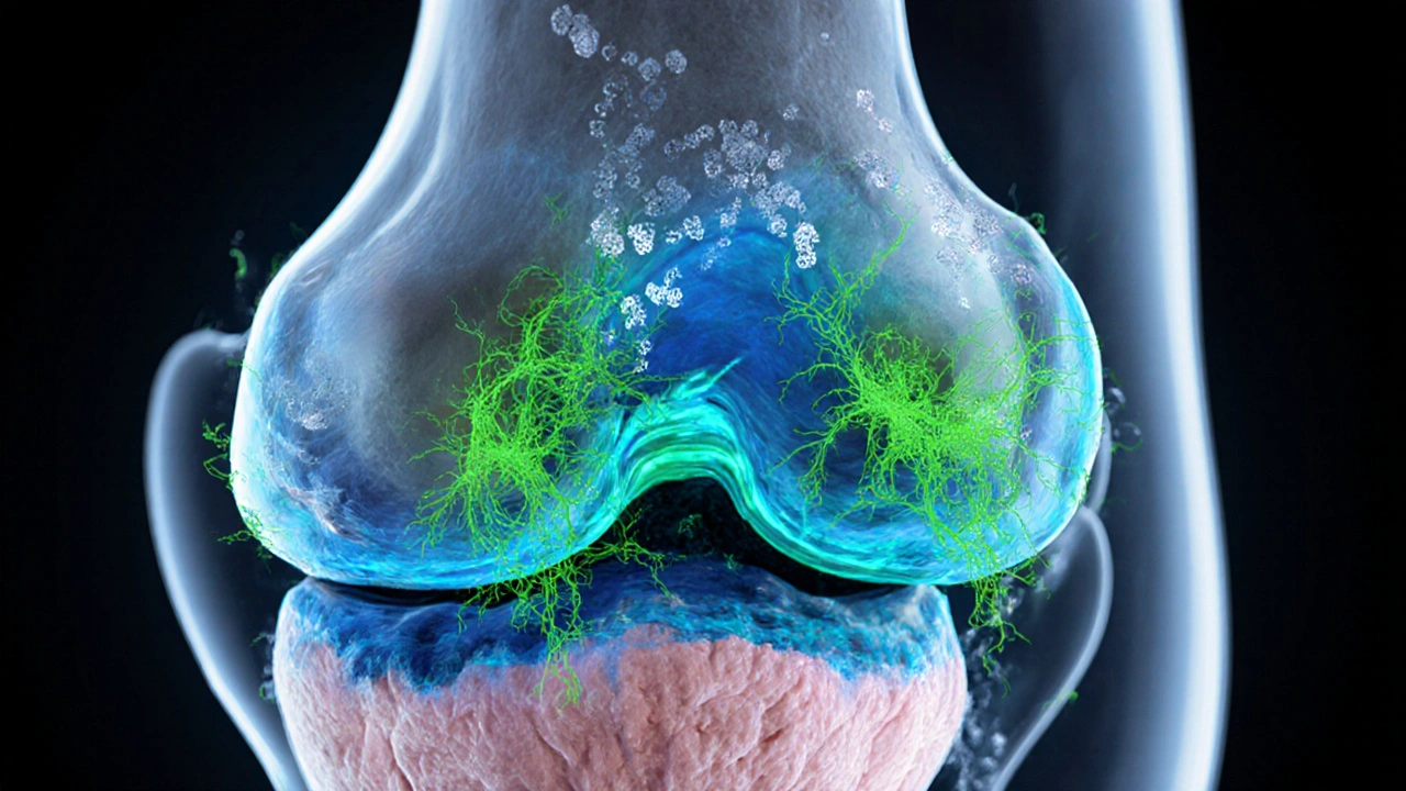 Křížový řez kolenního kloubu ukazuje kolagenové vlákna a aktivní fibroblasty.