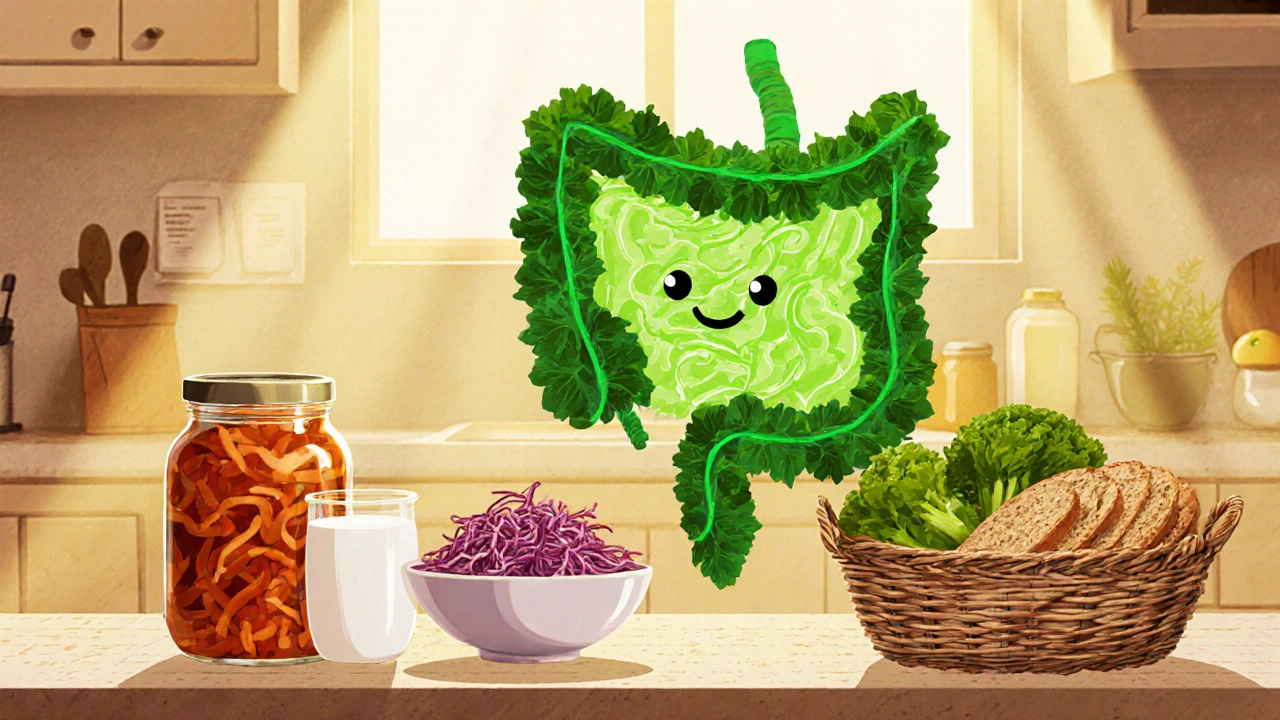 Kuchyň s fermentovanými potravinami a usmívajícím se střevem.