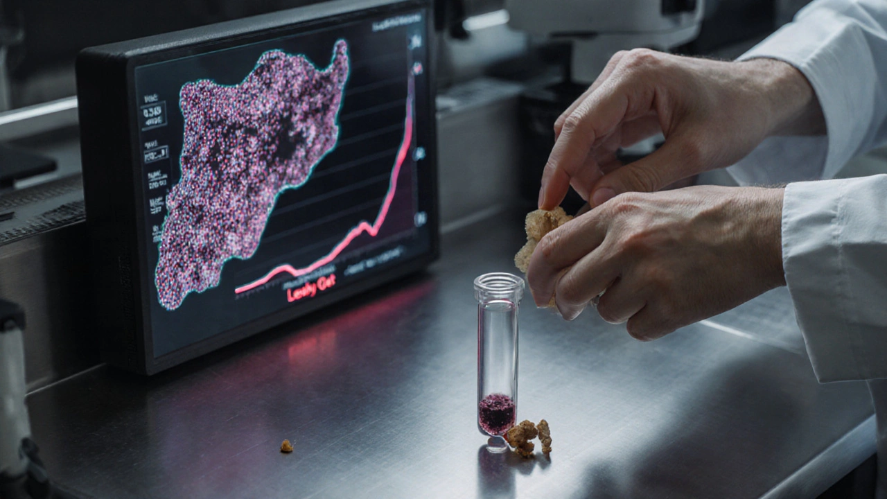 Laboratorní záběr na stolici a mikroskopické zobrazení lactobacil.