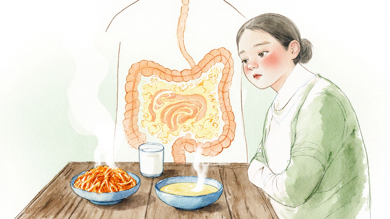 Osoba jí miso, kimchi a pije kefír, zatímco v pozadí je stylizovaný zdravý střevní trakt.