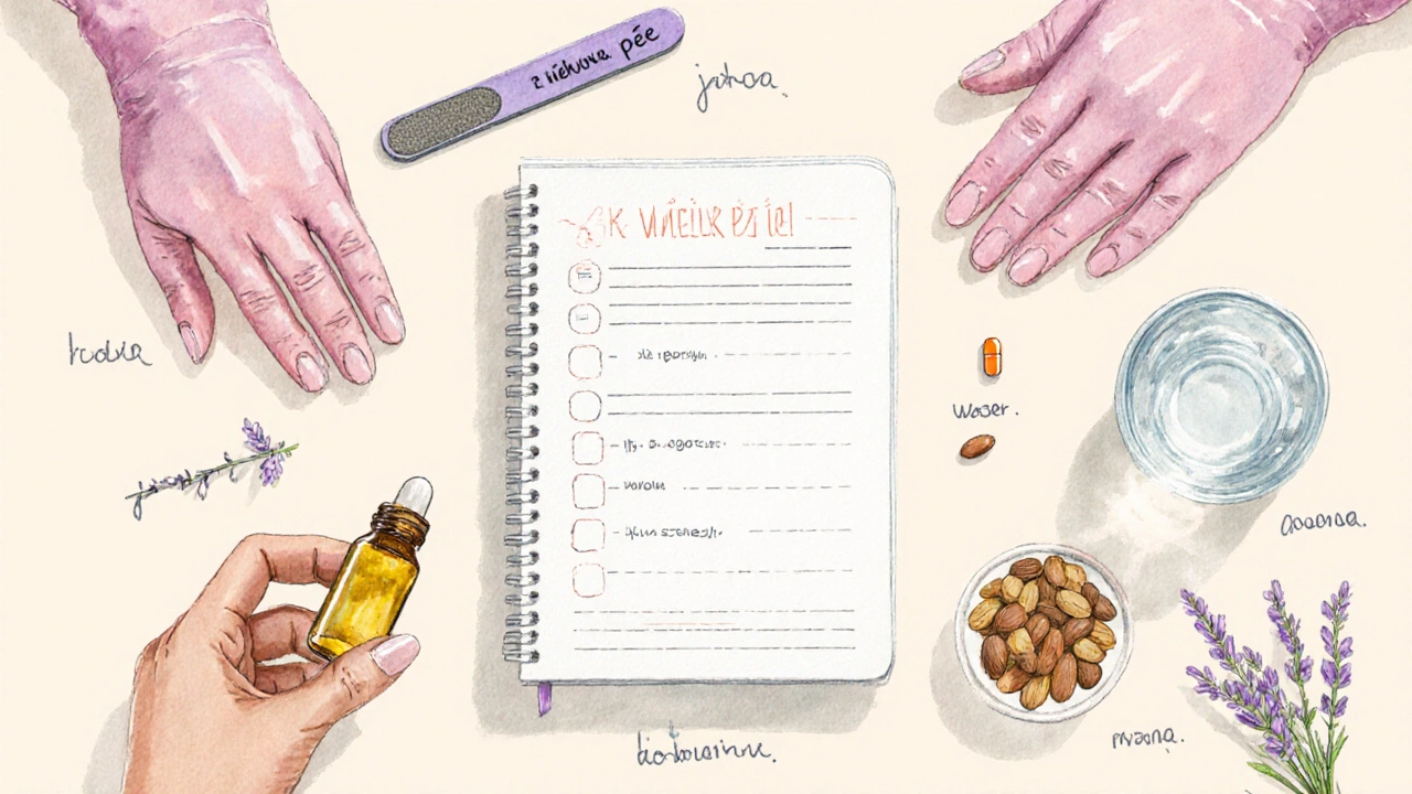 Plochý styl s kontrolním seznamem nehtové péče: nástroje, potraviny a krémy.