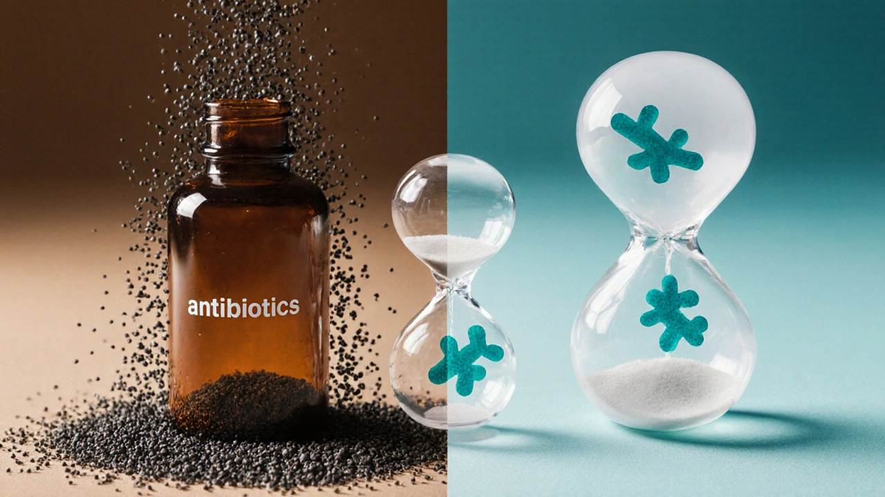 Rozdělená scéna ukazující antibiotikum a probiotikum oddělené časovým intervalem.