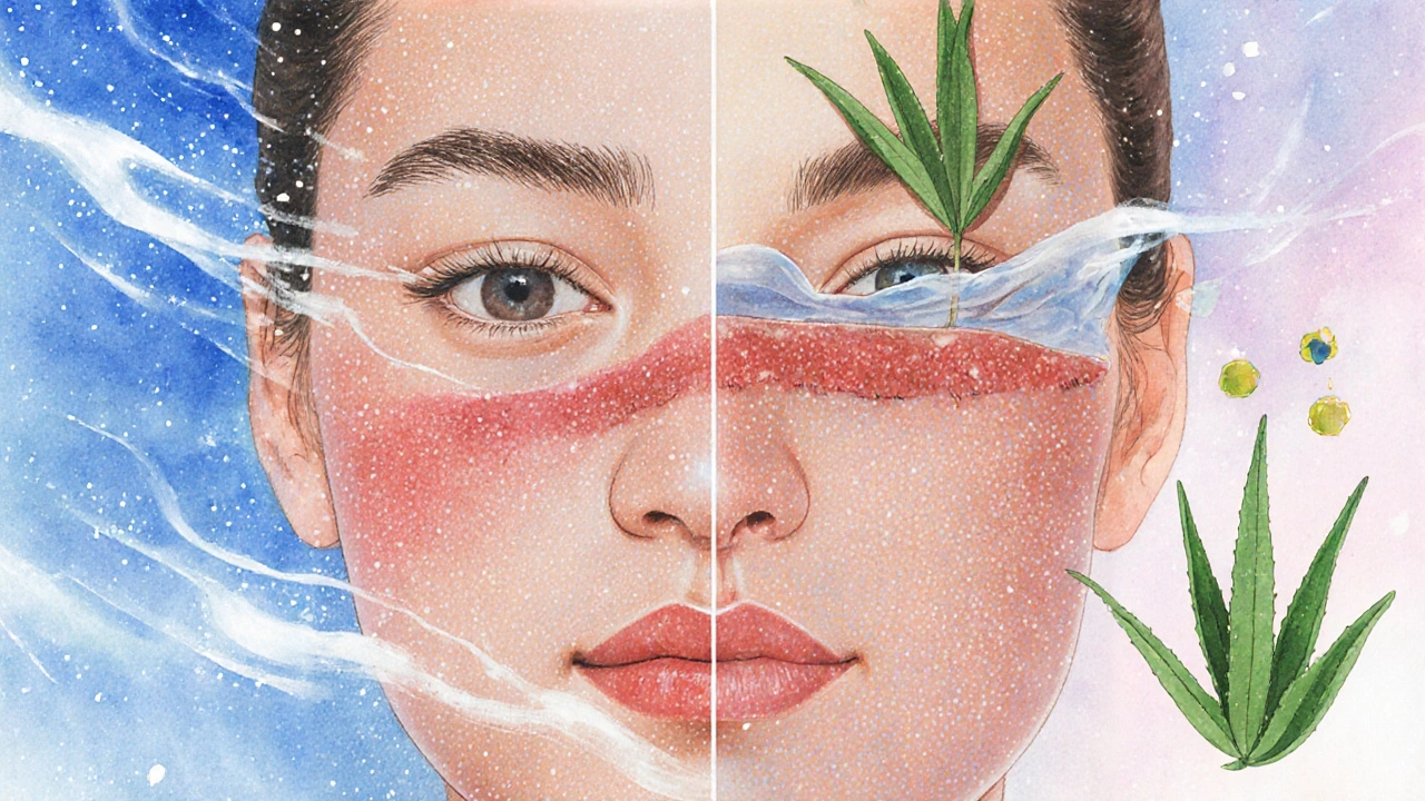 Rozdělený portrét: jedna polovina tváře je zarudlá, druhá klidná s léčivými složkami.