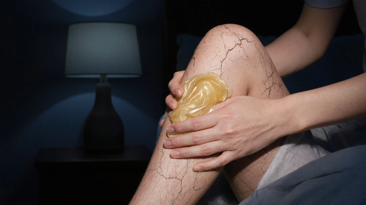 Ruka aplikuje petrolejový žel na praskliny na loktech a kolenách v noci.