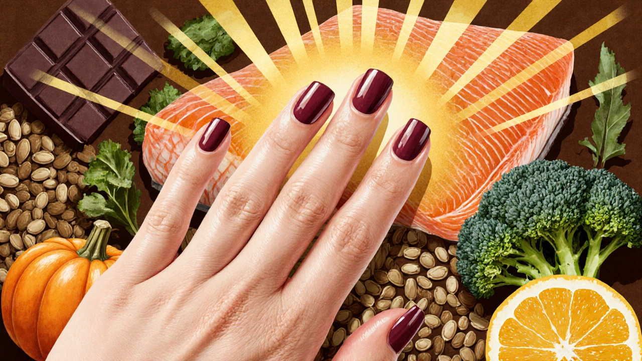 Ruka s pevnými nehty nad potravinami bohatými na živiny pro nehty