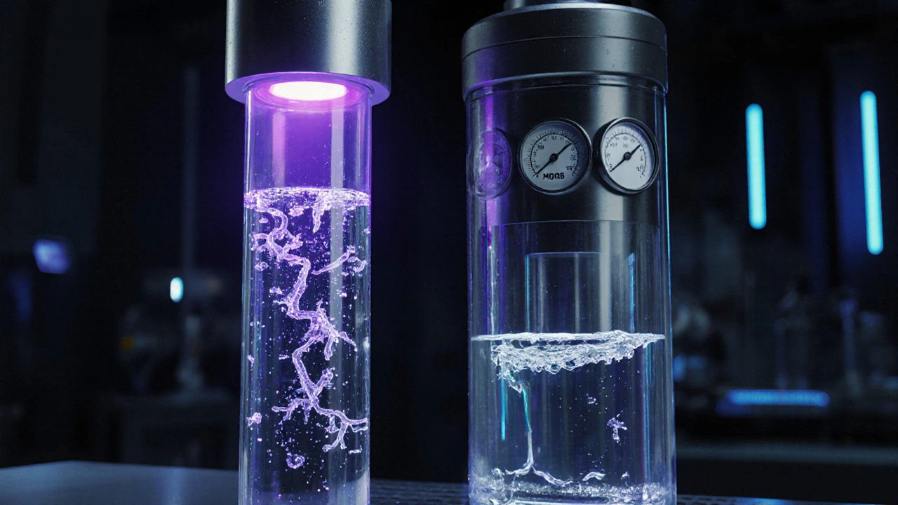 UV lampa a vysokotlaková komora čistí vodu, bakterie mizí pod světlem a tlakem.