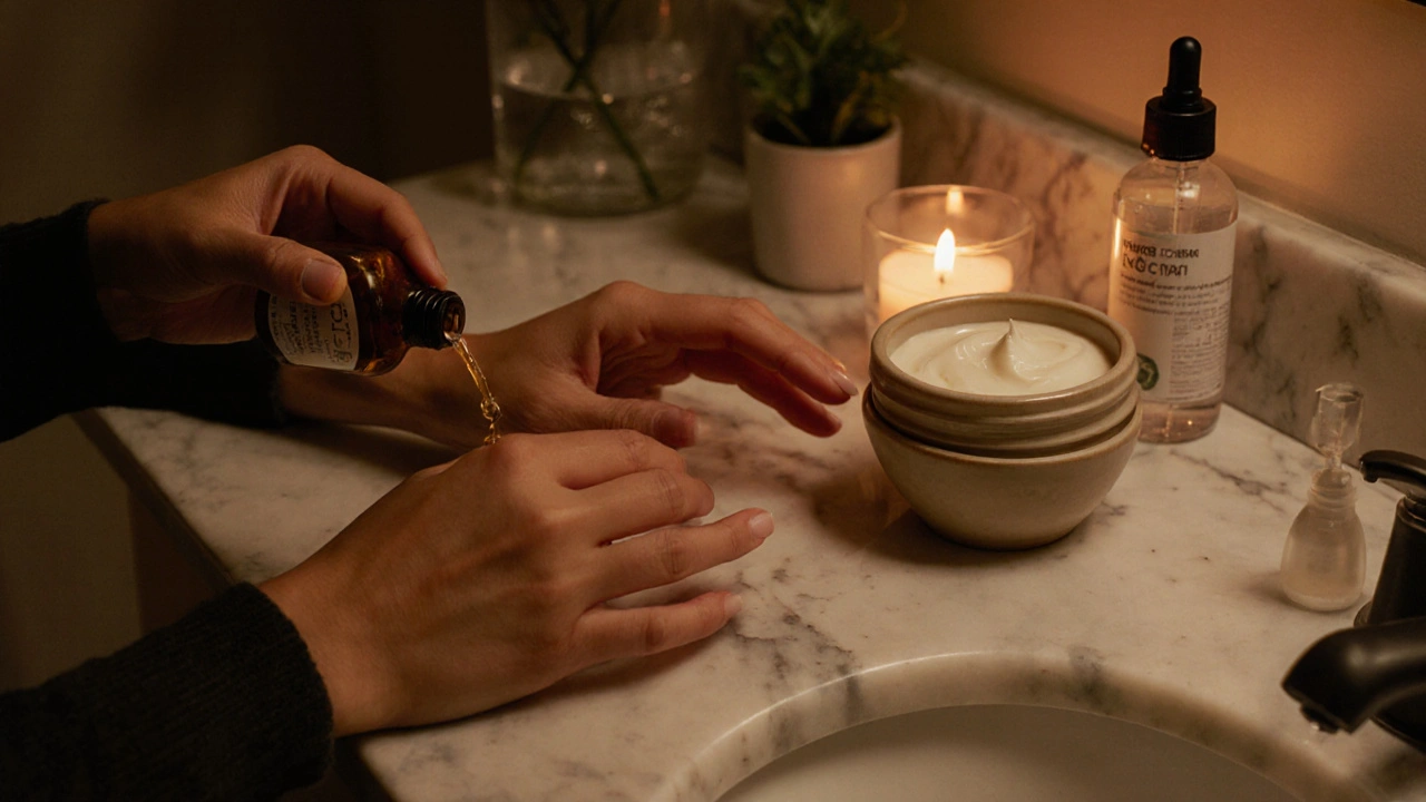 Večerní rituál: ruce dostávají olej a krém v útulném koupelnovém prostředí.
