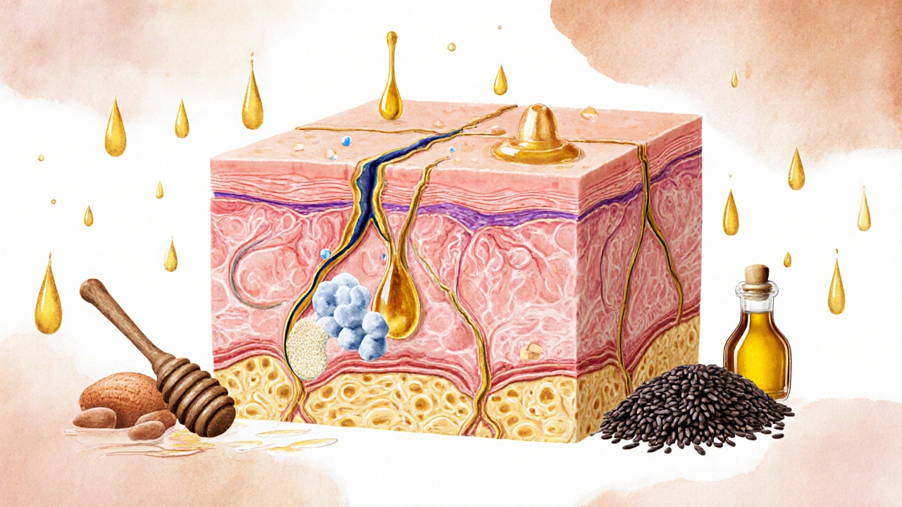 Vnitřní struktura kůže s ceramidy a lipidovými složkami obnovujícími bariéru.