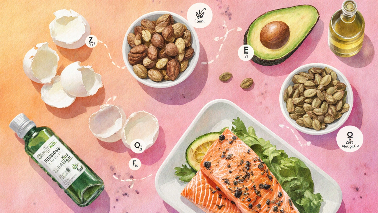 Vodová kresba kuchyňské desky s vejcem, ořechy, avokádem, lososem a dýňovými semínky představující živiny pro vlasy.