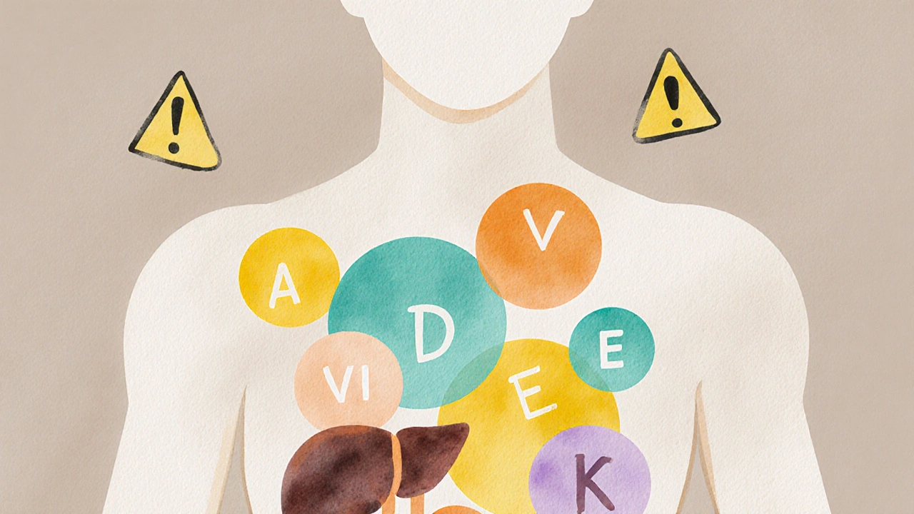 Vodovážová postava s jasně zvýrazněnými vitamíny A, D, E, K v játrech a ledvinách jako varování.