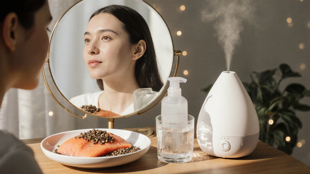 Zdravá strava, voda a vlhčič vzduchu symbolizují celkovou péči o kůži.