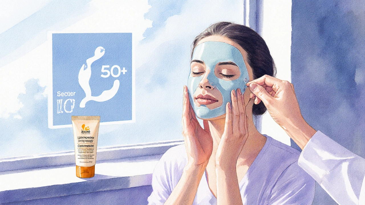 Žena po peelingu používá hydratační krém a SPF, v pozadí silueta dermatologa.