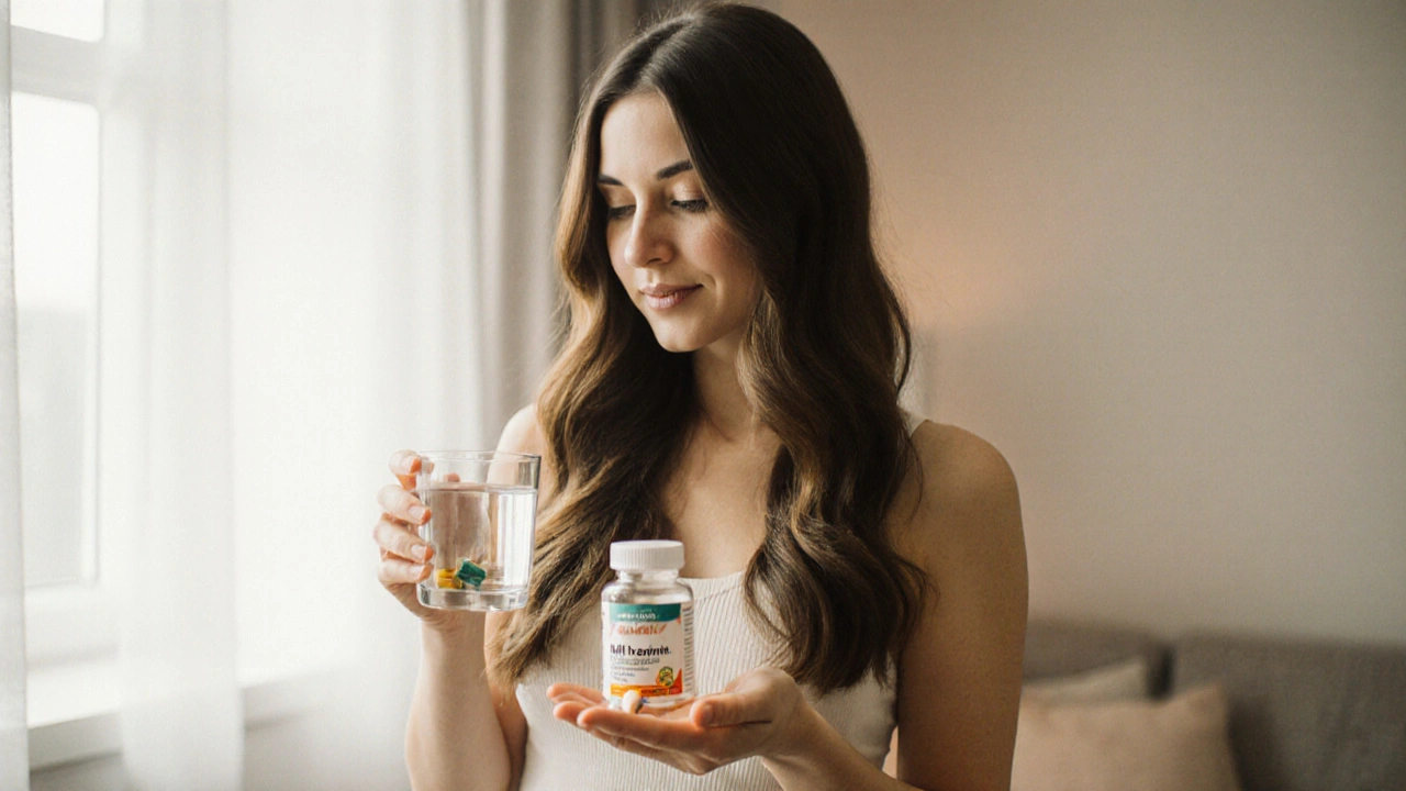 Žena s lesklými dlouhými vlasy, drží sklenici vody a vitamínový kapsul, sluneční světlo v pozadí.