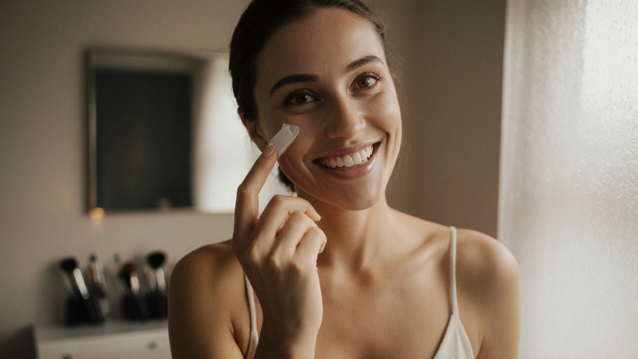 Žena v elegantní koupelně nanáší HemaGel před makeupem, s měkkým osvětlením a uklidňující atmosférou.