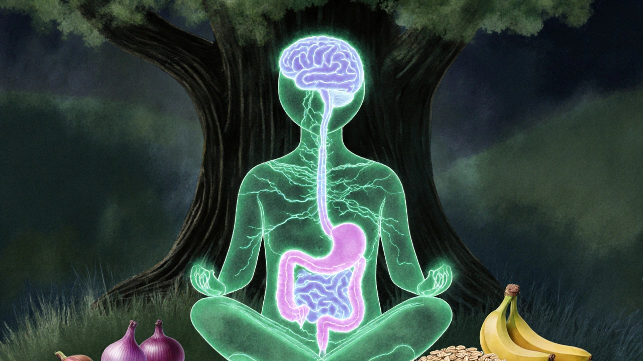 Člověk medituje s viditelnou spojnicí mezi střevy a mozkem, okolo něj prebiotické potraviny.