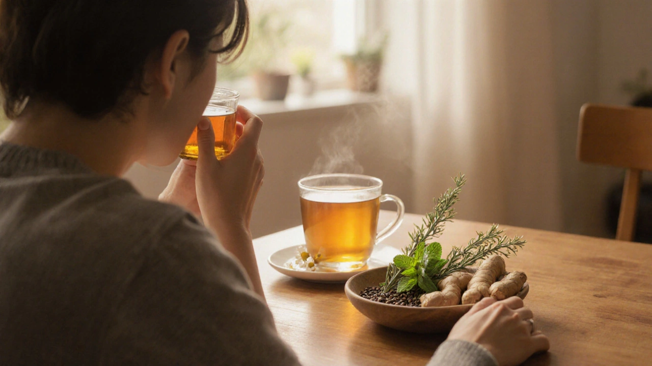 Člověk pije bylinný čaj s přírodními kořením a bylinkami na stole.