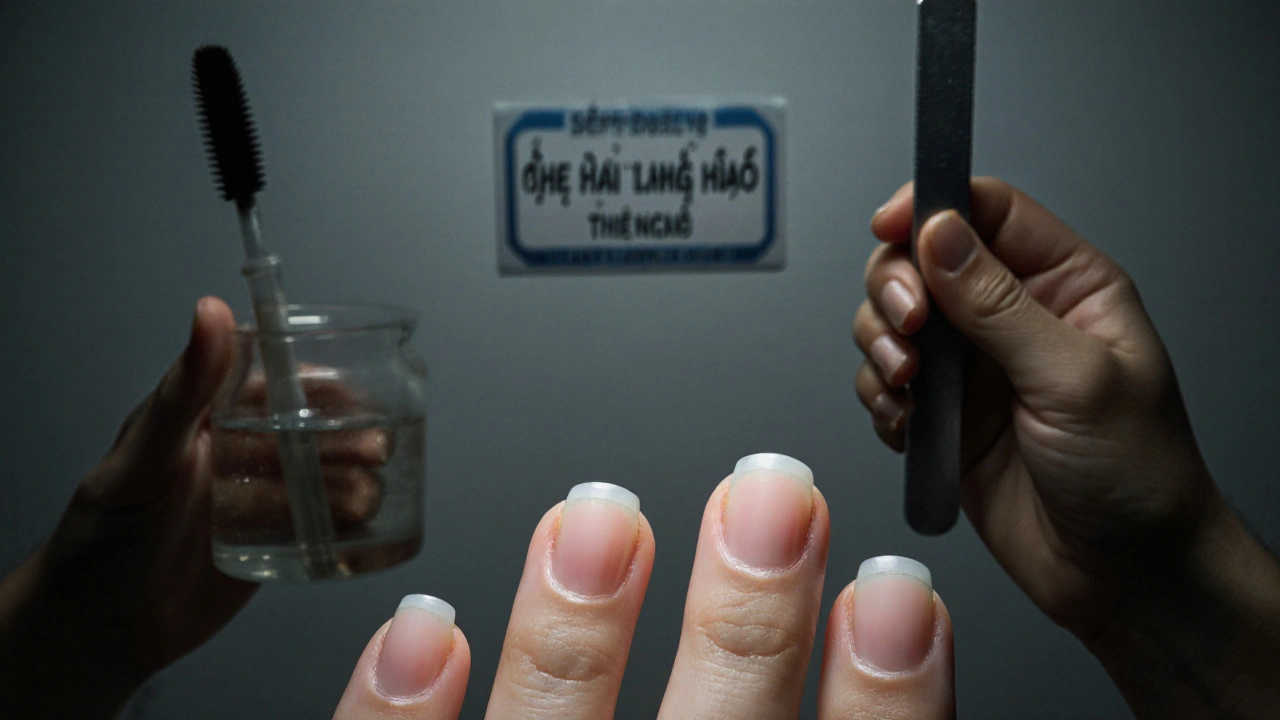 Detail gelových nehtů s příznaky odlepování a nečistých nástrojů v pozadí.