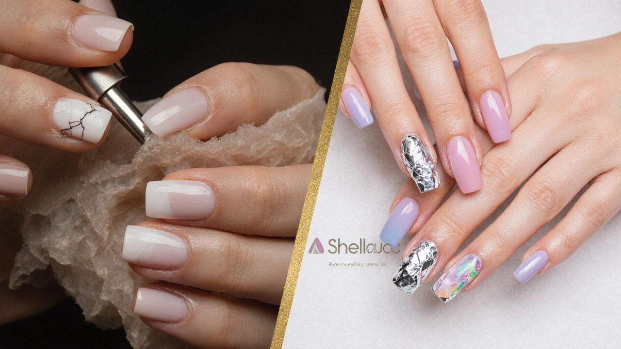 Dvě části: poškozené nehty vlevo a zdravé nehty vpravo po správném odstranění Shellacu.