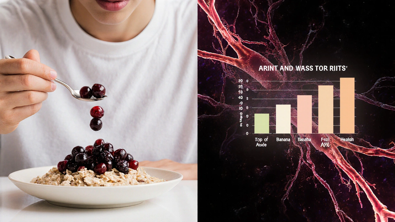 Dvě části scény: snídaně s rybízy a zdravé buňky v těle, symbolizující výživovou výhodu.