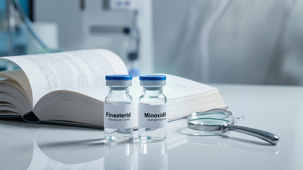 Dvě lékové lahvičky s finasteridem a minoxidilem na laboratorním stole.