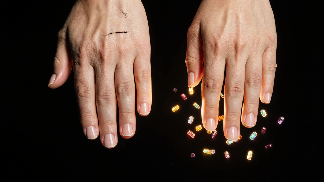 Dvě ruce: jedna s poškozenými a druhá se zdravými nehty, symbolizující vliv výživy na růst.