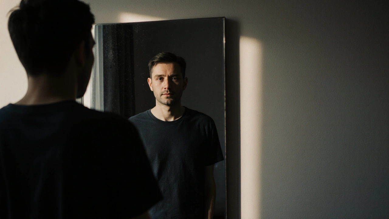 Dvojí odraz osoby v zrcadle: jedna verze unavená, druhá osvěžená po 90 dnech bez alkoholu.