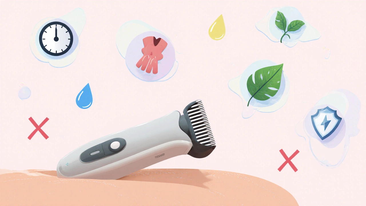 Elektrický hřeben hladce prochází kůží, symbolizující bezpečnou denní péči.