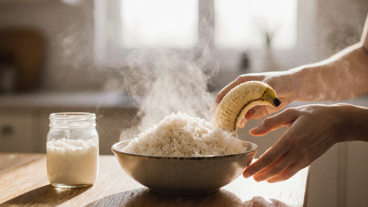 Jednoduché jídlo pro zotavení: rýže, banán a tvaroh na stole.