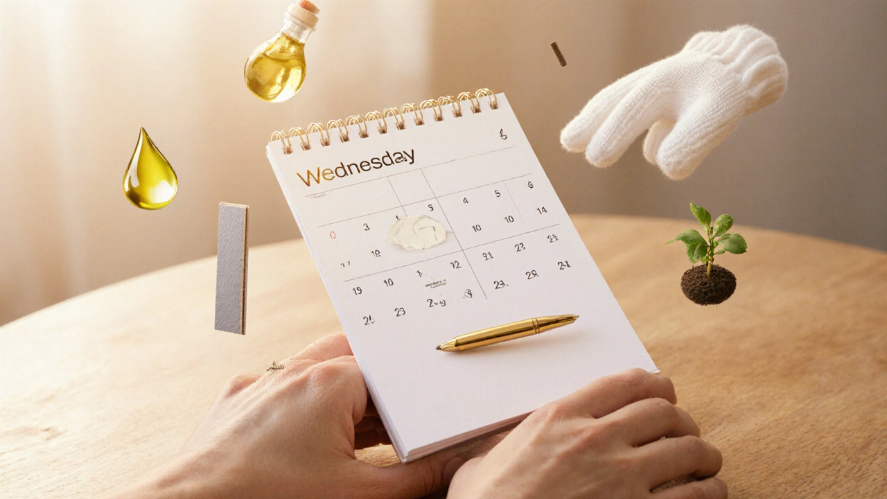 Kalendářový den středa s ikonami péče o nehty, jako olej, rukavice a soubor nástrojů.