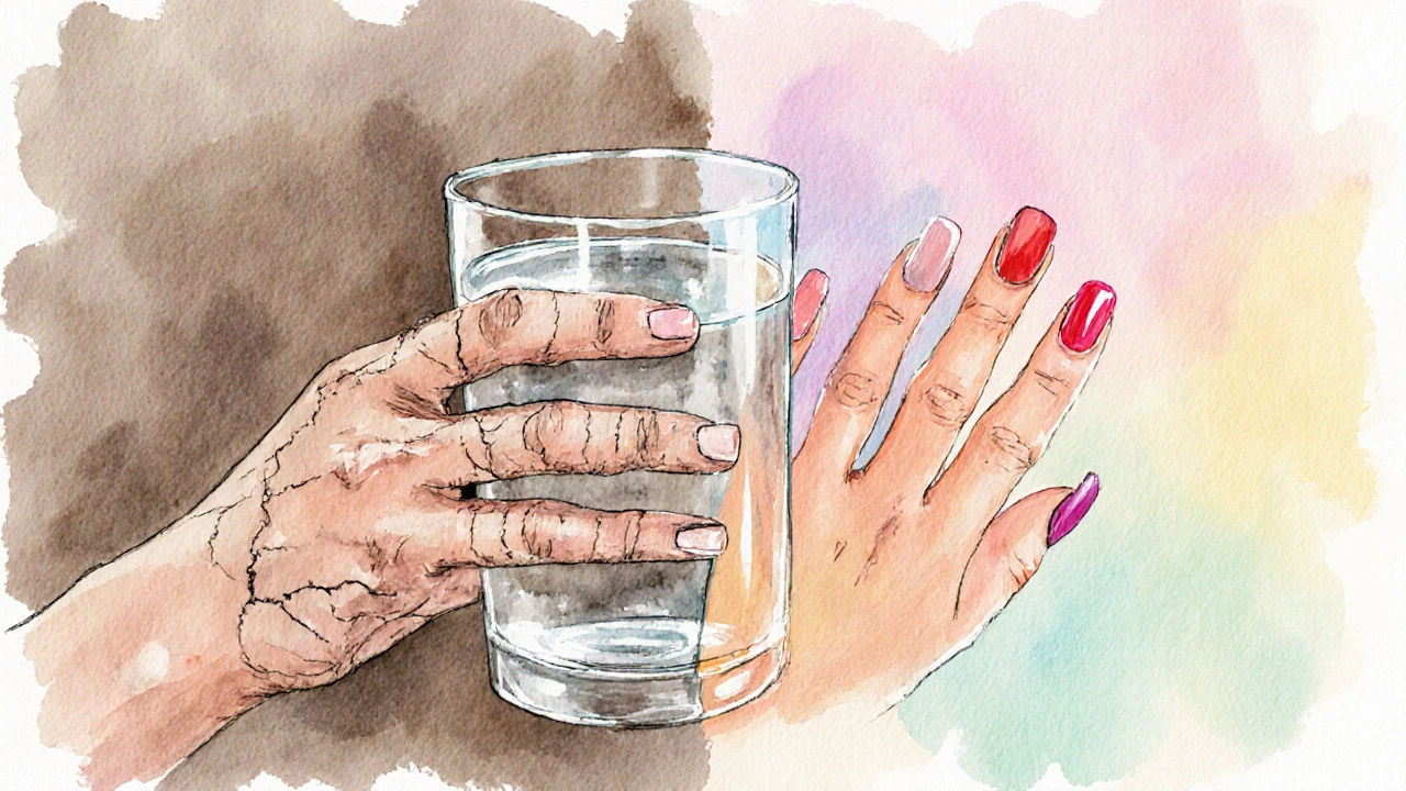 Kontrast mezi poškozenými a zdravými nehty na dvou rukách, symbolizující péči a zanedbání.