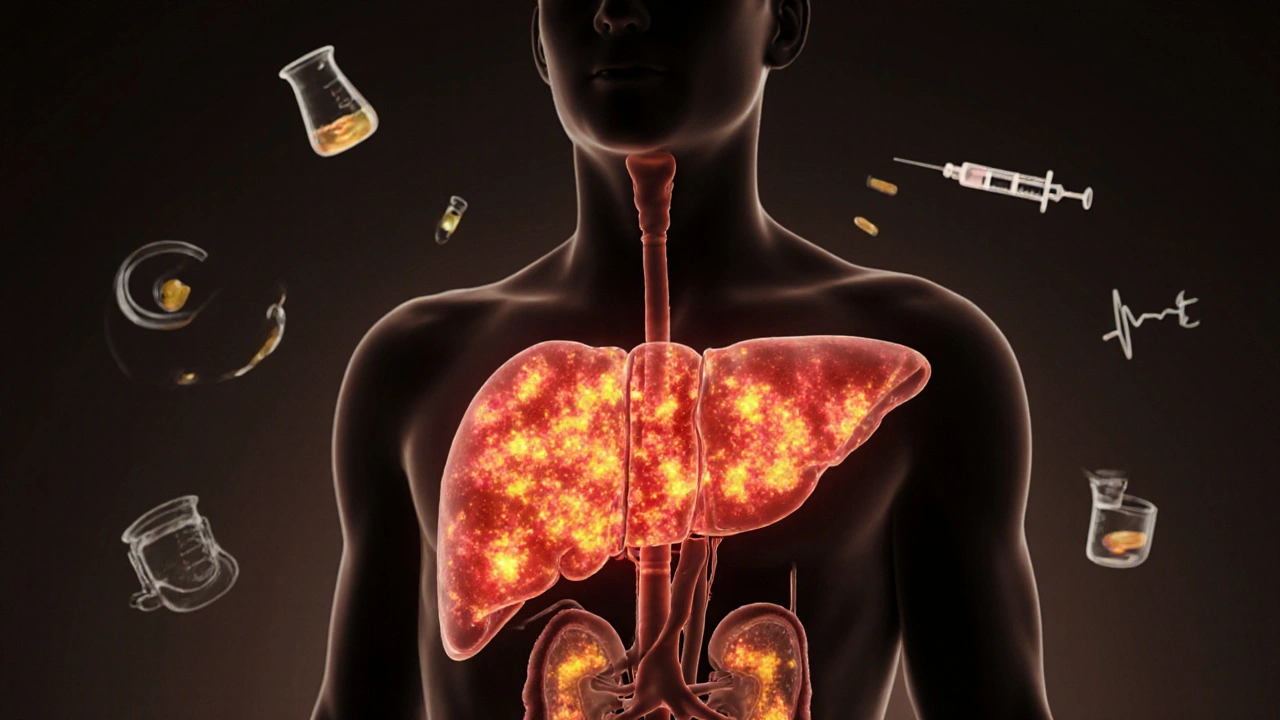 Kontur člověka s vnitřními poškozeními jater a ledvin z předávkování vitamínů.