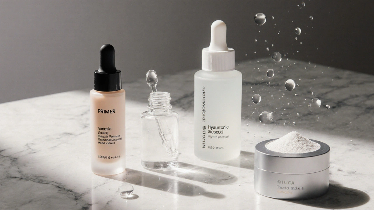 Kosmetické produkty na mramoru — primer, sérum a hydratační krém s jemným světlem a prachovými částicemi.