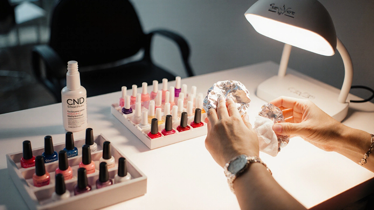 Kozmetička odstraňuje Shellac pomocí vatových kuliček a fólie v salónu v Brně.