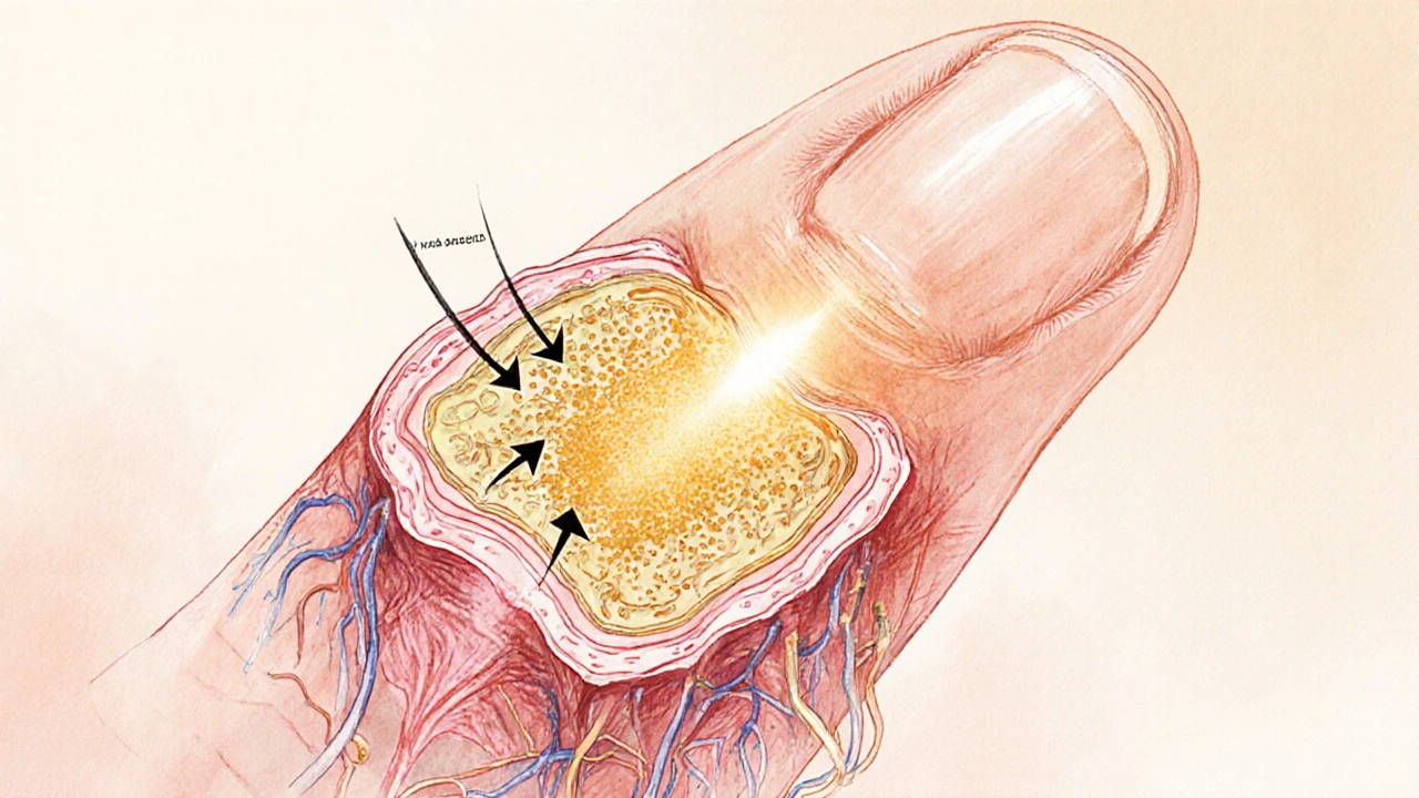Křížový řez prstu ukazující, jak nové buňky tlačí starší k tvorbě nehtu.