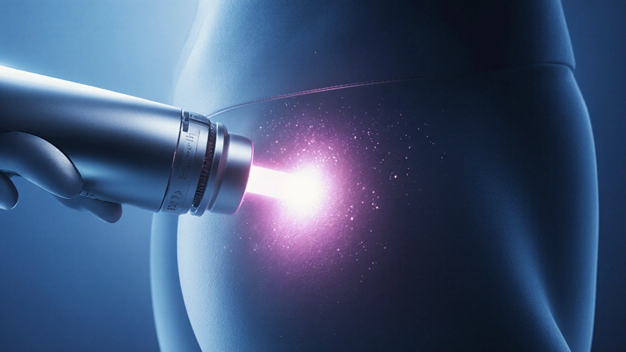 Laserové zařízení cílí na vlasové měchýře v klidném klinickém prostředí.