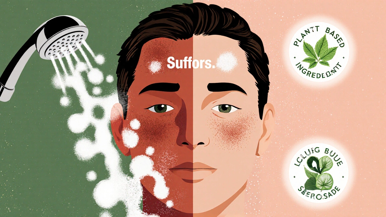 Líc rozdělený na dvě části: jedna červená a škrábaná, druhá klidná a hydratovaná, symbolizující účinek sulfátů a jemných čističů.