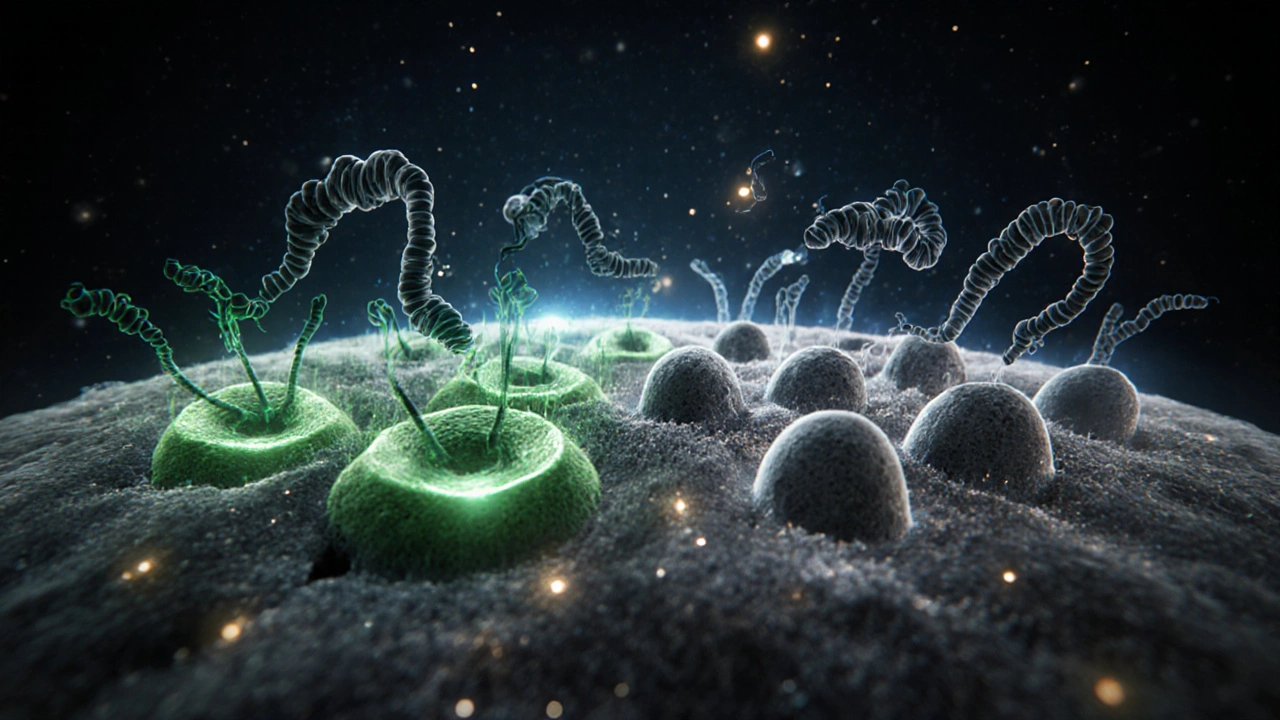 Mikroskopický pohled na zdravé a nečinné vlasové folikuly s molekulami DHT.