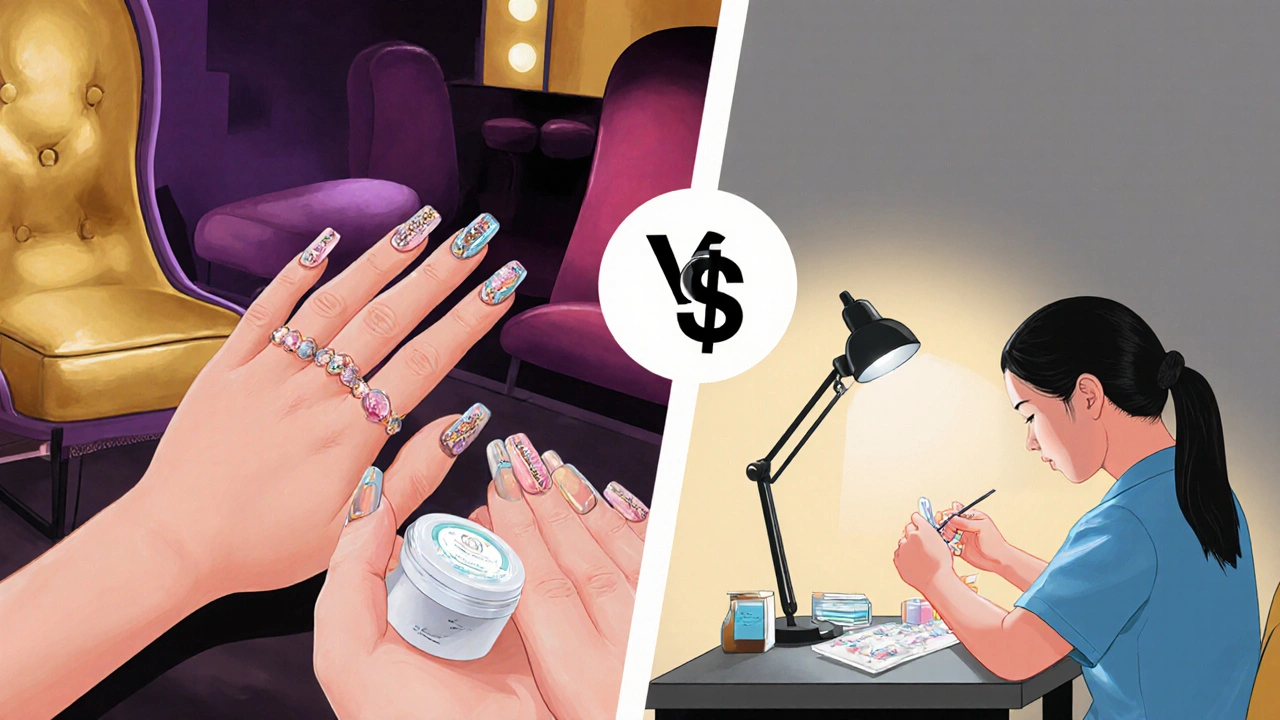 Porovnání luxusního salónu a domácí manikúry s rozdílnými cenami a podmínkami.
