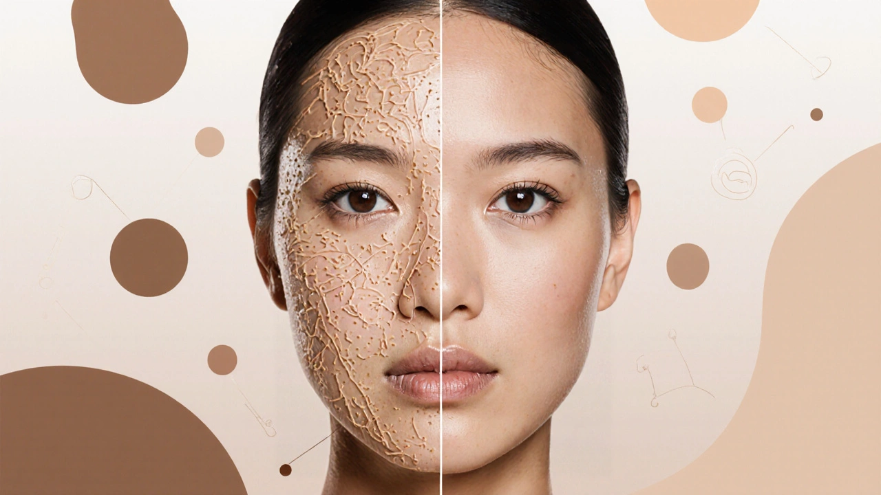 Porovnání pleti před a po použití primeru: jedna strana s leskem a póry, druhá hladká a matová.