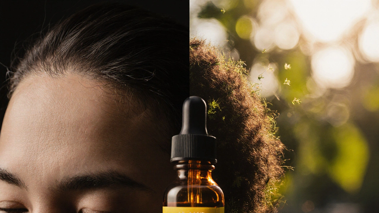 Porovnání tenké a husté kůže hlavy s nově rostoucími vlasovými kořínky.