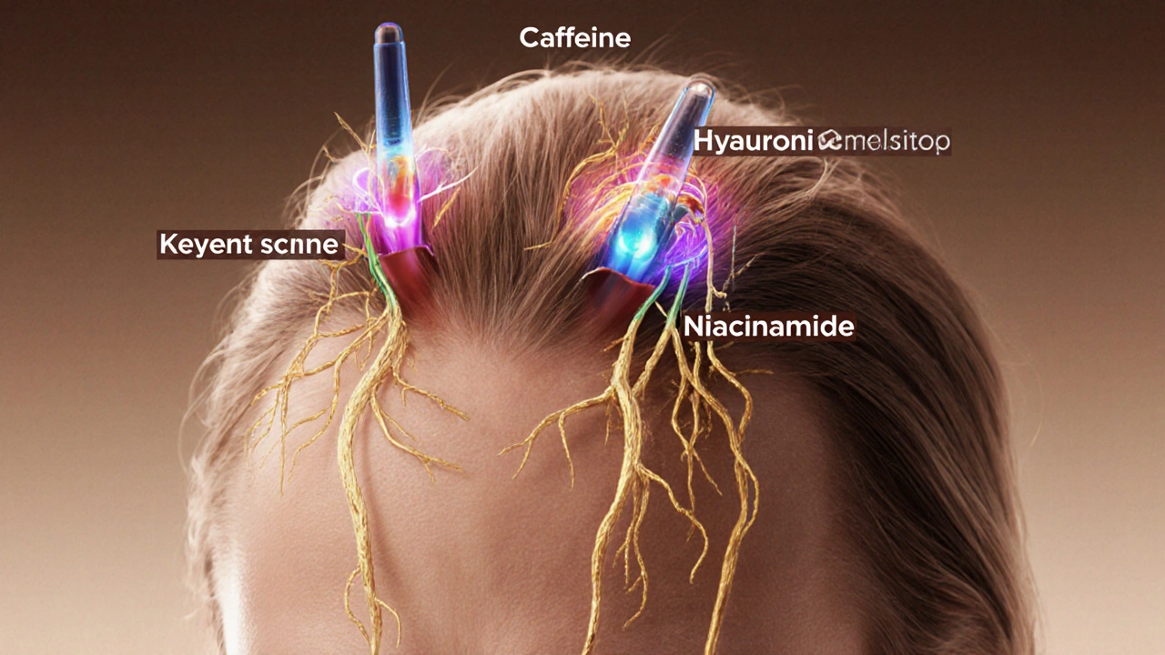 Přehled kůže hlavy s aktivními látkami pronikajícími do vlasových kořínků.
