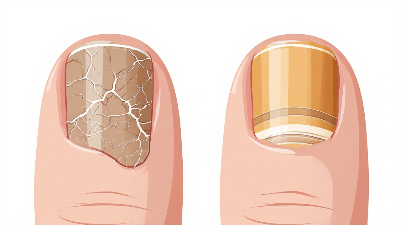 Příčný řez nehtu: poškozené mikrotrhliny vs. hladká struktura po správném pilování.