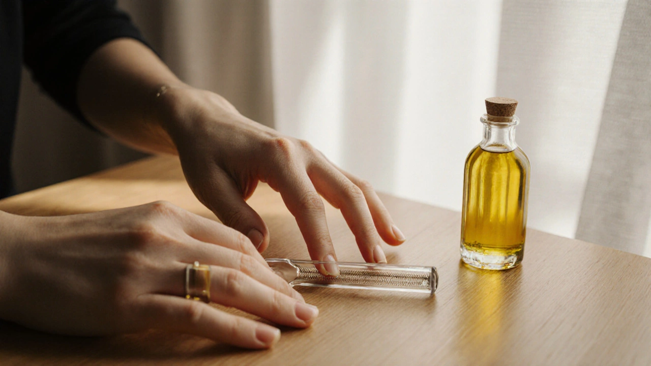 Přírodní nehty po pilování s naneseným kastorovým olejem na stolním povrchu.