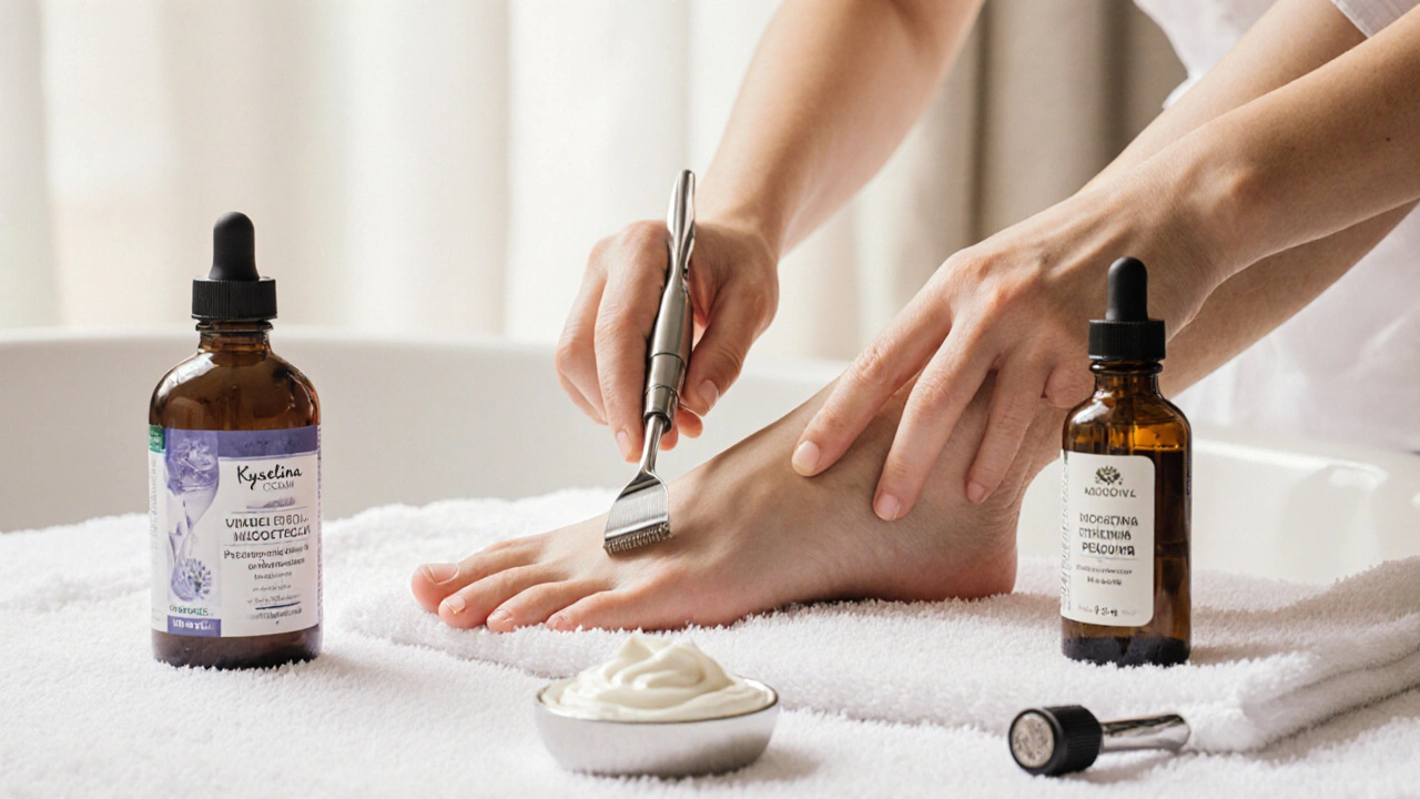 Profesionální odstraňování kalusů sterilními nástroji během pedikúry.
