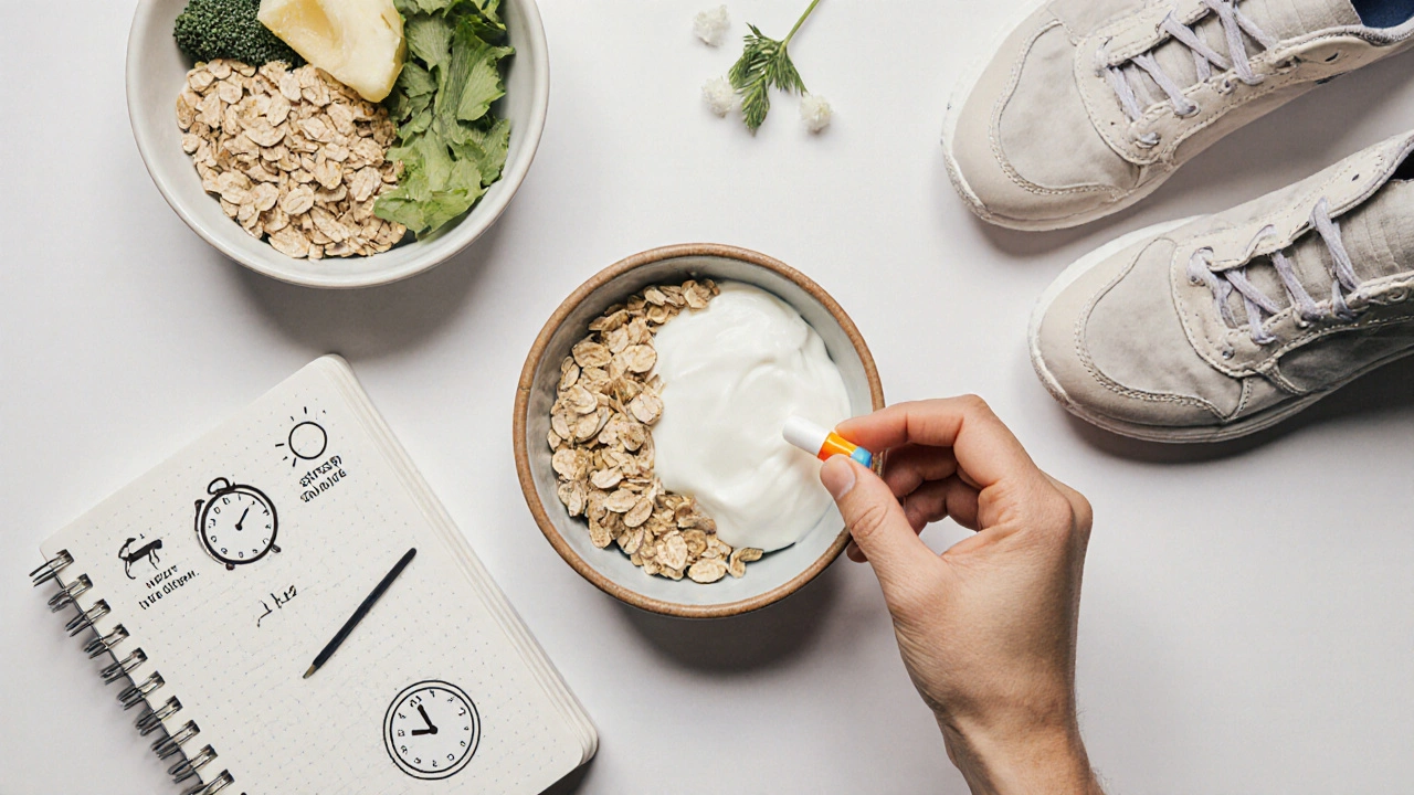 Ráno připravené probiotikum vedle potravin bohatých na vlákninu, deníku a obuví pro pohyb.