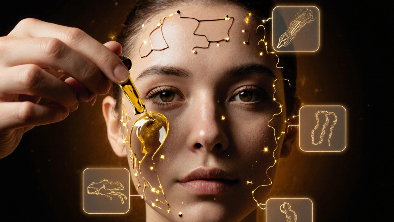 Ruka aplikuje olej na obličej, kde se kolem kůže vytváří zlatá ochranná vrstva.