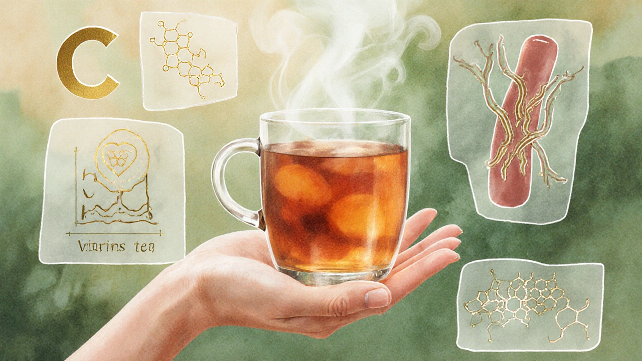 Ruka drží šálek čaje ze šípků, kolem něj plavou výživové ikony a pára.